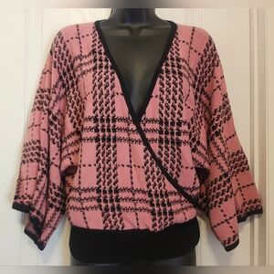 7th Avenue Studio Designd Pink and Black Plaid Faux  Wrap Blouse Size Large EUC